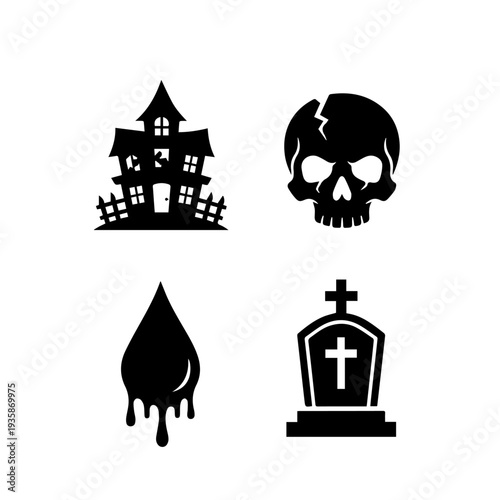 haunted house, cracked skull, blood droplet, gravestone, halloween icons, spooky vector, horror design, gothic art, scary symbols, black silhouette