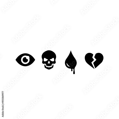 : eye, skull, droplet, broken heart, halloween icons, spooky vector, horror design, gothic art, scary symbols, black silhouette —