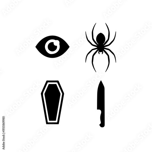 eye, spider, coffin, knife, halloween icons, spooky vector, horror design, gothic art, scary symbols, black silhouette —