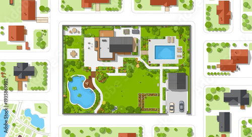 Aerial view of a detailed residential landscape with a large garden