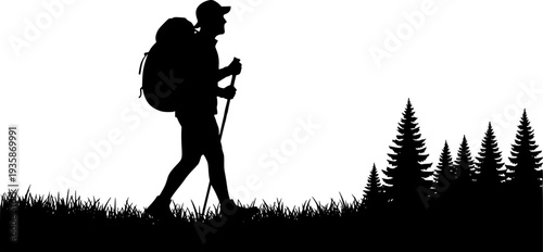Eco-Tourism Sustainable Traveler Silhouette Vector, Black and White Nature Hiking Art
