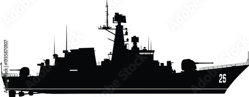 Military warship silhouette, navy destroyer vessel side view, armed naval ship vector illustration isolated on background