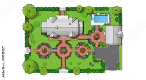 Architectural plan depicting a luxury home with a landscaped garden and pool