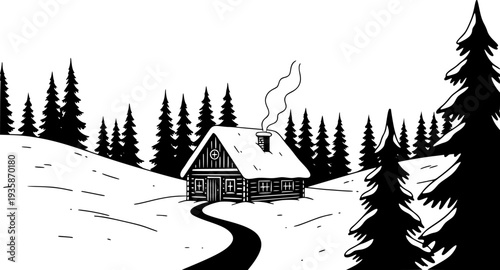 Cozy Mountain Cabin in Winter Forest Vector, Black and White Slow Travel Design
