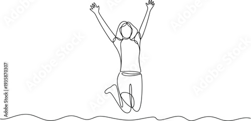 Uninterrupted line illustration of a happy person mid air with hands up feeling completely free