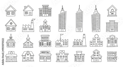 Collection of Hand Drawn Buildings and Architecture Styles.