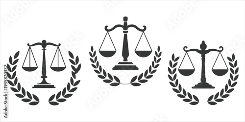 Three scales of justice emblems with laurel wreaths on white background legal symbol