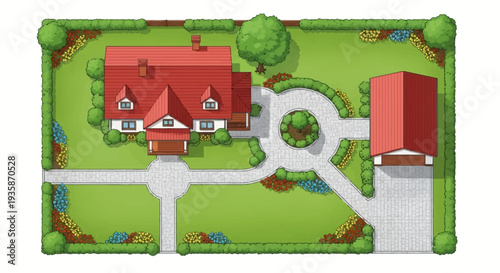 Aerial view of a red roofed house with garden and detached garage