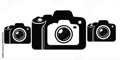 Three black silhouette cameras of varying sizes on a white background photography icon