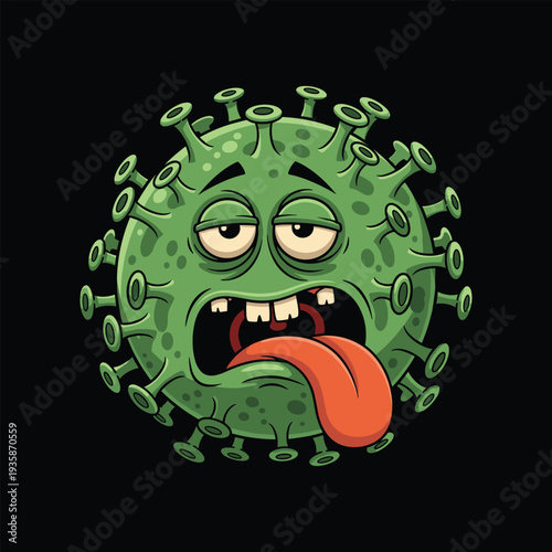 Cartoon coronavirus with a funny face showing an open mouth and sticking tongue out