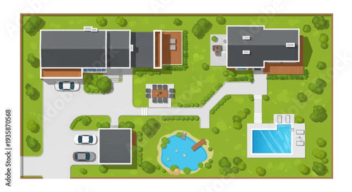 Aerial view of a modern residential property with garden and swimming pool