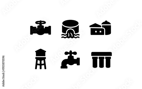 Collection of water infrastructure and supply icons including a valve, reservoir, and water tower