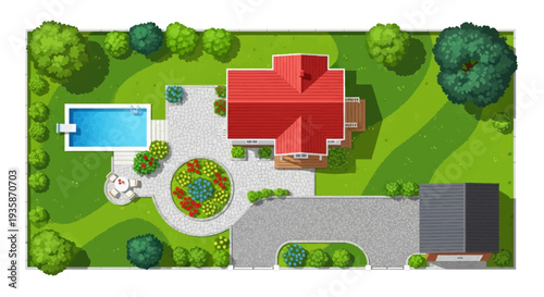 Aerial view of a house with a red roof pool and landscaped garden