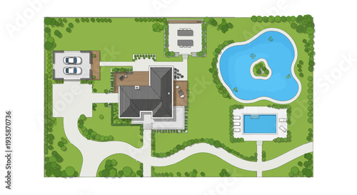 Aerial view of a luxury estate with a pool pond and landscaping