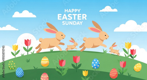 Happy easter sunday rabbits running on green hill with colorful eggs and flowers
