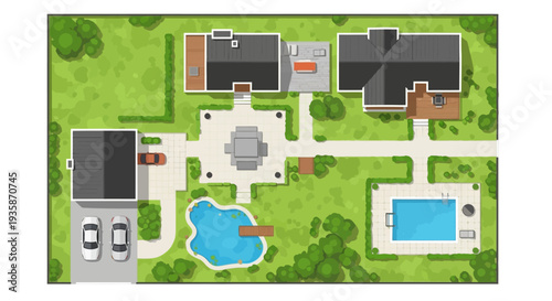 Aerial view of a modern residential property with landscape design