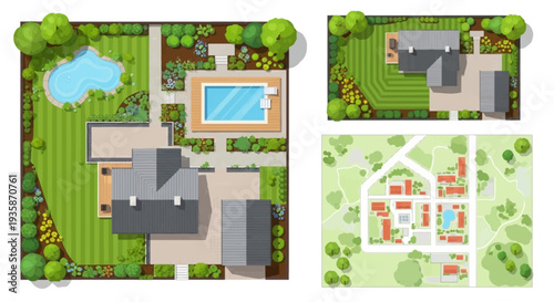 Aerial view of a luxury property with pools gardens and landscaping