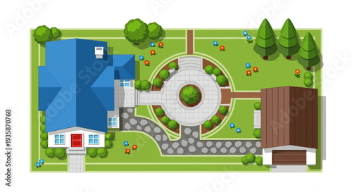 Aerial view of a house with a landscaped garden and circular driveway