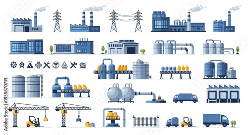 Collection of Industrial Factory Buildings and Equipment Illustrations.