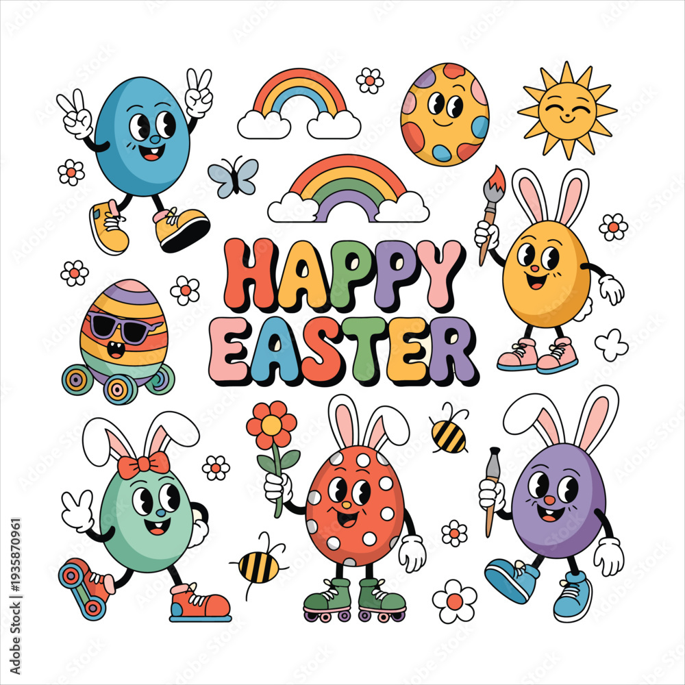 Obraz premium Groovy Retro Easter Characters and Decorations happy