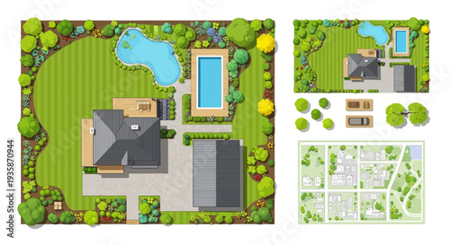 Aerial view of a luxurious home with garden pool and landscaping