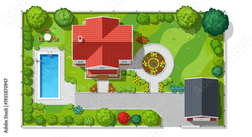 Aerial view of a house with a red roof pool and landscaped garden