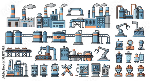Collection of Industrial Factory Buildings and Machinery Elements.