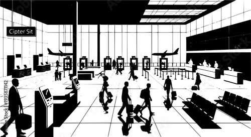 Modern Airport Terminal Interior Vector, Black and White Aviation Travel Design
