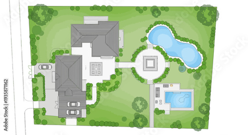 Aerial view of a luxury estate with buildings pools and landscaping