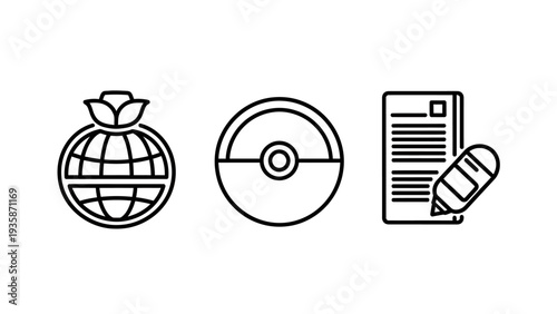 Global Environment and Content Creation Vector Icons: Earth with Leaf, Generic Ball, and Document with Pen for Design