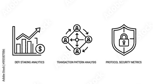 Decentralized Finance (DeFi) Analytics, Transaction Security, and Blockchain Metrics Line Icons for Digital Economy
