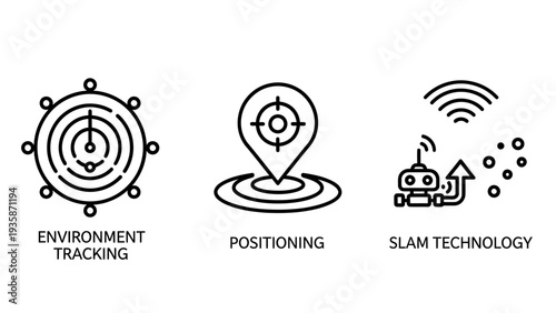 Environment Tracking, GPS Positioning, and SLAM Technology Line Icons for Autonomous Systems and Robotics Navigation