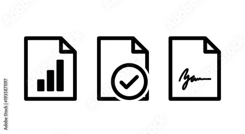 Business Report, Document Approval, and Digital Signature Line Icons for Financial and Legal Processes