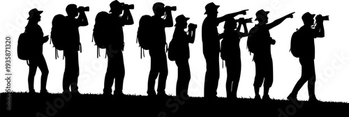 Tourists Sightseeing Silhouette Vector, Black and White Travel Photography Art
