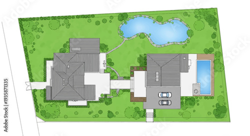 Detailed aerial view of a modern house with landscaping and a pond