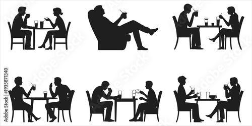 Silhouettes of people sitting at tables drinking beverages in a cafe or restaurant vector illustration