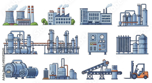 Collection of Industrial Factory Buildings and Machinery.