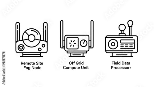 Remote Site Fog Node, Off-Grid Compute Unit, and Field Data Processor Icons for Edge Computing and IoT Technology Solutions