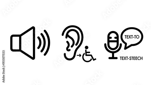 Digital Accessibility for Hearing Impaired Users: Sound, Ear, and Text-to-Speech Outline Icons for Assistive Technology and Inclusive Design.