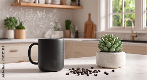 Wallpaper Mural On a light surface, a steaming hot dark drink sits next to roasted seeds and tiny potted greenery Torontodigital.ca