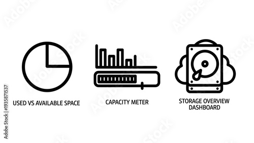 Used vs Available Space, Capacity Meter, and Storage Overview Dashboard Outline Icons for Data Management