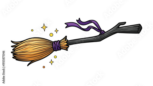Witch Flying Broomstick With Purple Ribbon Halloween Clipart Illustration