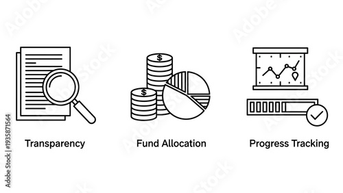 Financial Transparency and Business Progress: Fund Allocation, Document Search, and Tracking Outline Icons for Corporate Governance and Accountability.