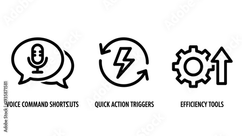Smart Productivity and Digital Efficiency: Voice Command, Quick Action Triggers, and Workflow Tools Outline Icons for Automation and Innovation.