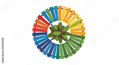 A colorful circular bench with a plant in the center of the design