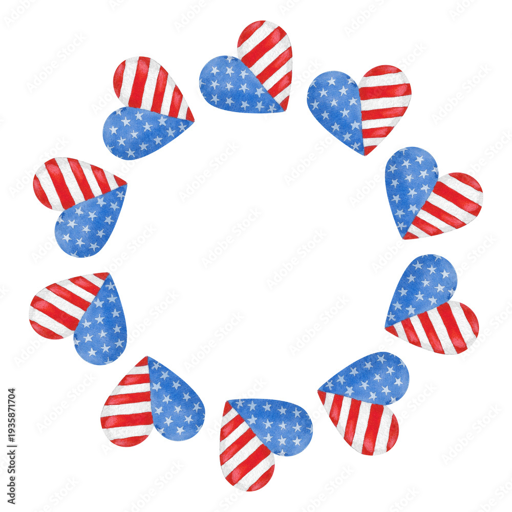 Fototapeta premium Round, festive frame for American Independence Day featuring the country's flag in a heart shape. Hand drawn watercolor illustration.