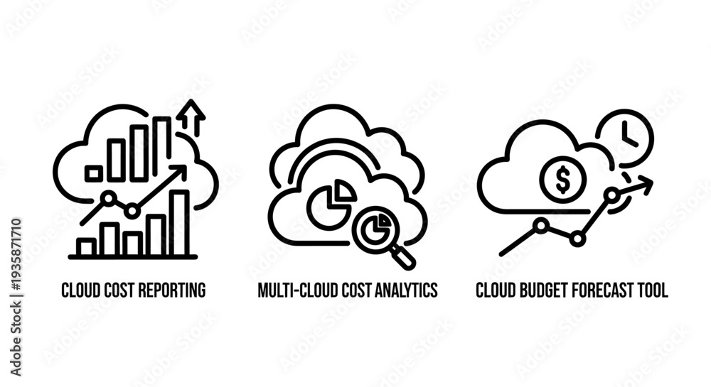 Obraz premium Cloud Computing Cost Management Icons: Reporting, Multi-Cloud Analytics, and Budget Forecasting for Financial Planning and Optimization.