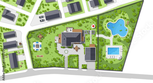 Detailed aerial view of a residential property with garden and pool