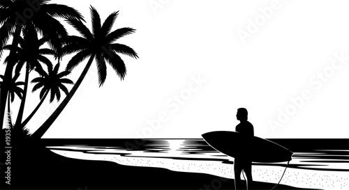 Surfer on Tropical Beach Silhouette Vector, Black and White Surfing Vacation Art
