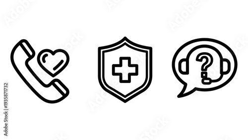 Health Services and Customer Support Icons: Telehealth, Medical Protection, and Inquiry for Healthcare and Insurance.